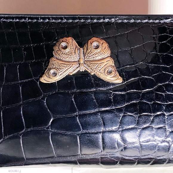 GUCCI GARDEN CROCCO Blk Crocodile Skin MOTH Brass Emblem Trifold Small Wallet,IT - Picture 5 of 10